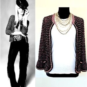 Chanel $3.3k Knit Black Pink Jacket Cardigan Chain Necklace Boucle Tweed Chic 38